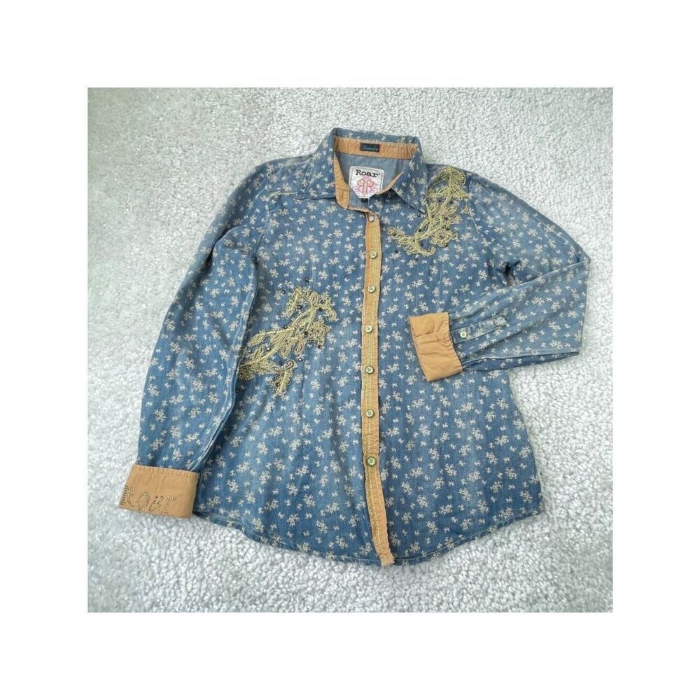 Roar Blue Bell Chambrey Embroidery Embellished Western Shirt Womens Large